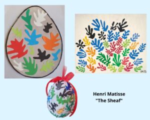 Kolaż z 3 zdjęć. Na 2 zdjęciach wykonane przez uczniów pisanki z kolorowymi algami, na 3 zdjęciu oryginalny obraz, którym inspirowane były prace uczniów a pod nim napis Henri Matisse „The Sheaf”.
