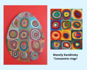 Kolaż z 2 zdjęć. Na 1 zdjęciu praca ucznia – pisanka pomalowana pastelowymi kredkami w kolorowe okręgi wpisane w kwadraty. Na drugim zdjęciu obraz, którym inspirowana była praca ucznia a pod nim napis Wasilly Kandinsky „Concentric rings”.