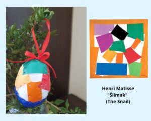 Kolaż z 2 zdjęć. Na 1 zdjęciu praca ucznia: na białym styropianowym jajku przyczepione zostały za pomocą szpilek kolorowe kształty z papieru przypominające kwadraty i prostokąty. Na czubku została przyczepiona zawieszka z czerwoną kokardką. Na drugim zdjęciu obraz, którym inspirowana była praca ucznia a pod nim napis Henri Matisse „Ślimak” (The Snail). 