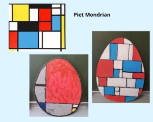 Kolaż z 3 zdjęć. Na 1 zdjęciu oryginalne dzieło malarza a obok napis: Piet Mondrian. Na 2 zdjęciu praca ucznia inspirowana dziełem: tekturowa pisanka podzielona na geometryczne kształty wypełnione różnymi kolorami plasteliny: czerwonym, szarym, granatowym, białym i żółtym. Na 3 zdjęciu praca kolejnego ucznia inspirowana dziełem Mondriana: pisanka z tektury podzielona czarną grubą linią na geometryczne kształty. Kształty pomalowane zostały farbami na różne kolory: biały, czerwony, niebieski.