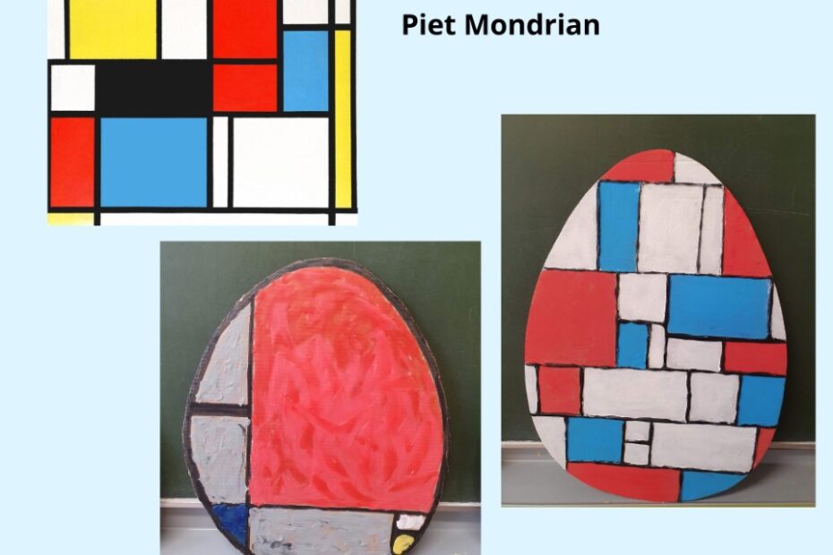 Kolaż z 3 zdjęć. Na 1 zdjęciu oryginalne dzieło malarza a obok napis: Piet Mondrian. Na 2 zdjęciu praca ucznia inspirowana dziełem: tekturowa pisanka podzielona na geometryczne kształty wypełnione różnymi kolorami plasteliny: czerwonym, szarym, granatowym, białym i żółtym. Na 3 zdjęciu praca kolejnego ucznia inspirowana dziełem Mondriana: pisanka z tektury podzielona czarną grubą linią na geometryczne kształty. Kształty pomalowane zostały farbami na różne kolory: biały, czerwony, niebieski.