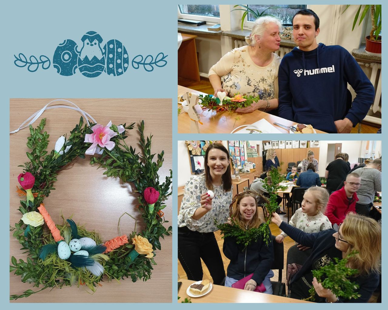 Kolaż z 3 zdjęć. Na jednym zdjęciu widać gotowy wianek ozdobiony kwiatami, piórkami i pisankami. Na drugim zdjęciu mama ucznia trzyma wianek i próbuje dać mu buziaka. Na trzecim zdjęciu mama uczennicy przykłada wianek w kształcie koła do twarzy córki, przez co wygląda ona jakby była w okrągłym okienku z gałązek. Uczennica śmieje się. Obok stoi śmiejąca się nauczycielka i trzyma w dłoni pisankę. Blisko mamy stoi młodsza siostra uczennicy.