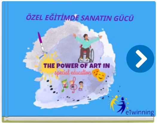 Okładka e-booka z logo projektu The power of art in special education ()postać na wózku inwalidzkim, maski teatralne, nuty oraz z logo eTwinning (żółty i granatowy ludzik).