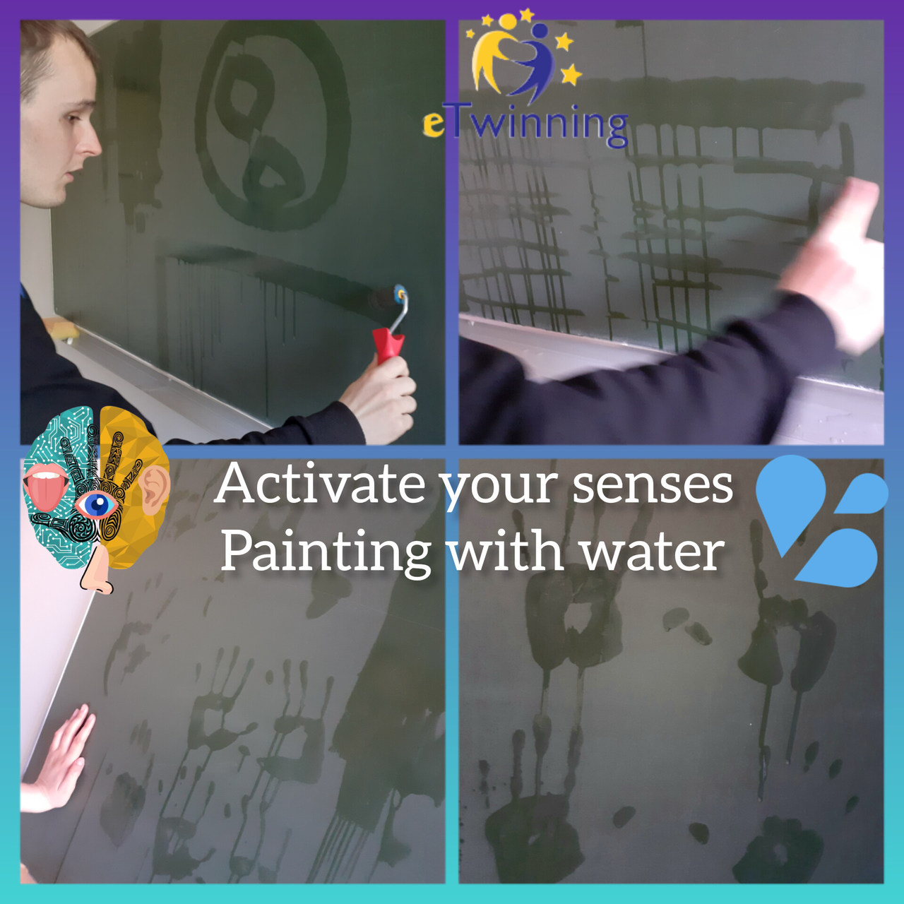 Uczniowie malują wodą po tablicy wybrane kształty: dłonie, piłka, bramka.