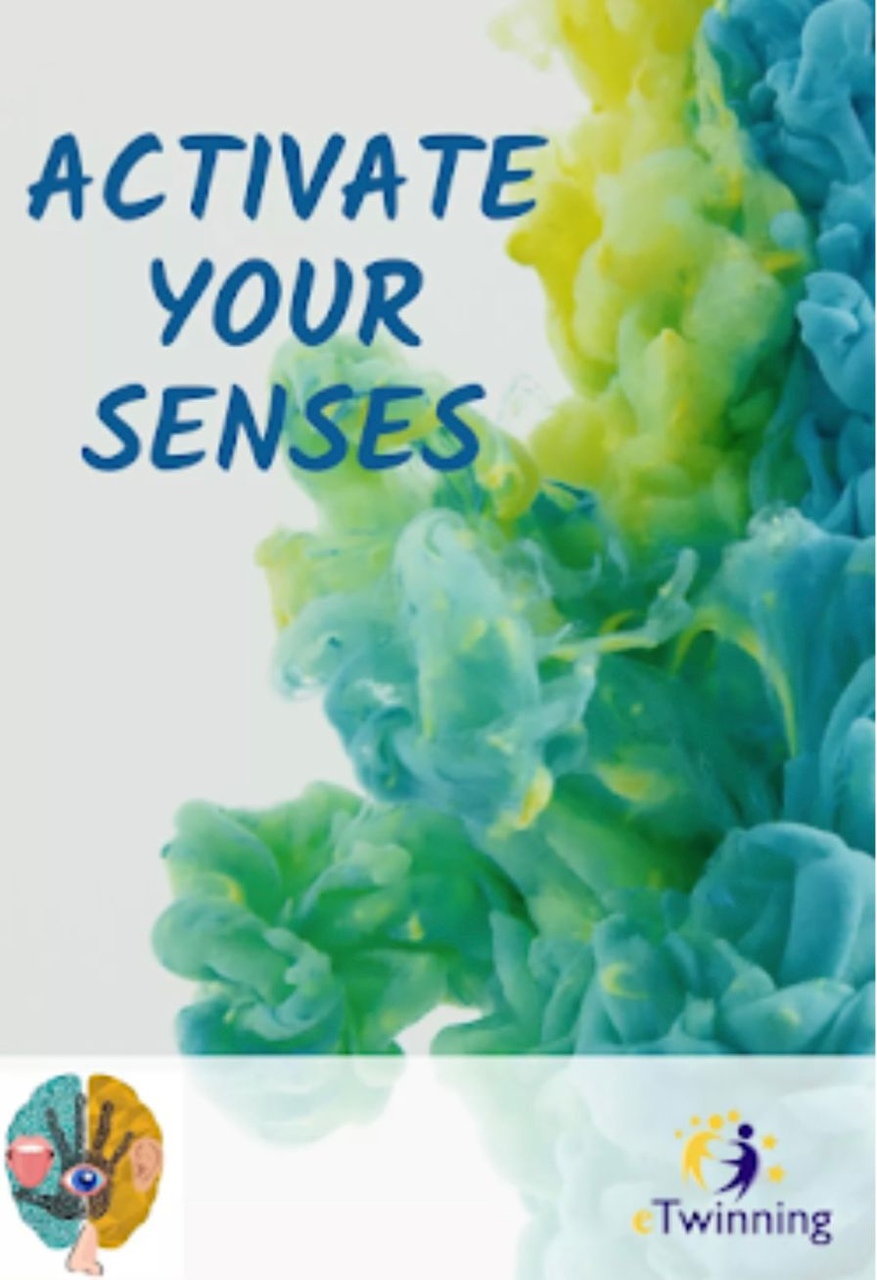 Plakat projektowy: na tle niebiesko-zielonej wody logo eTwinning, grafika ukazująca zmysły: smak, powonienie, słuch, dotyk, wzrok oraz półkule mózgowe.
