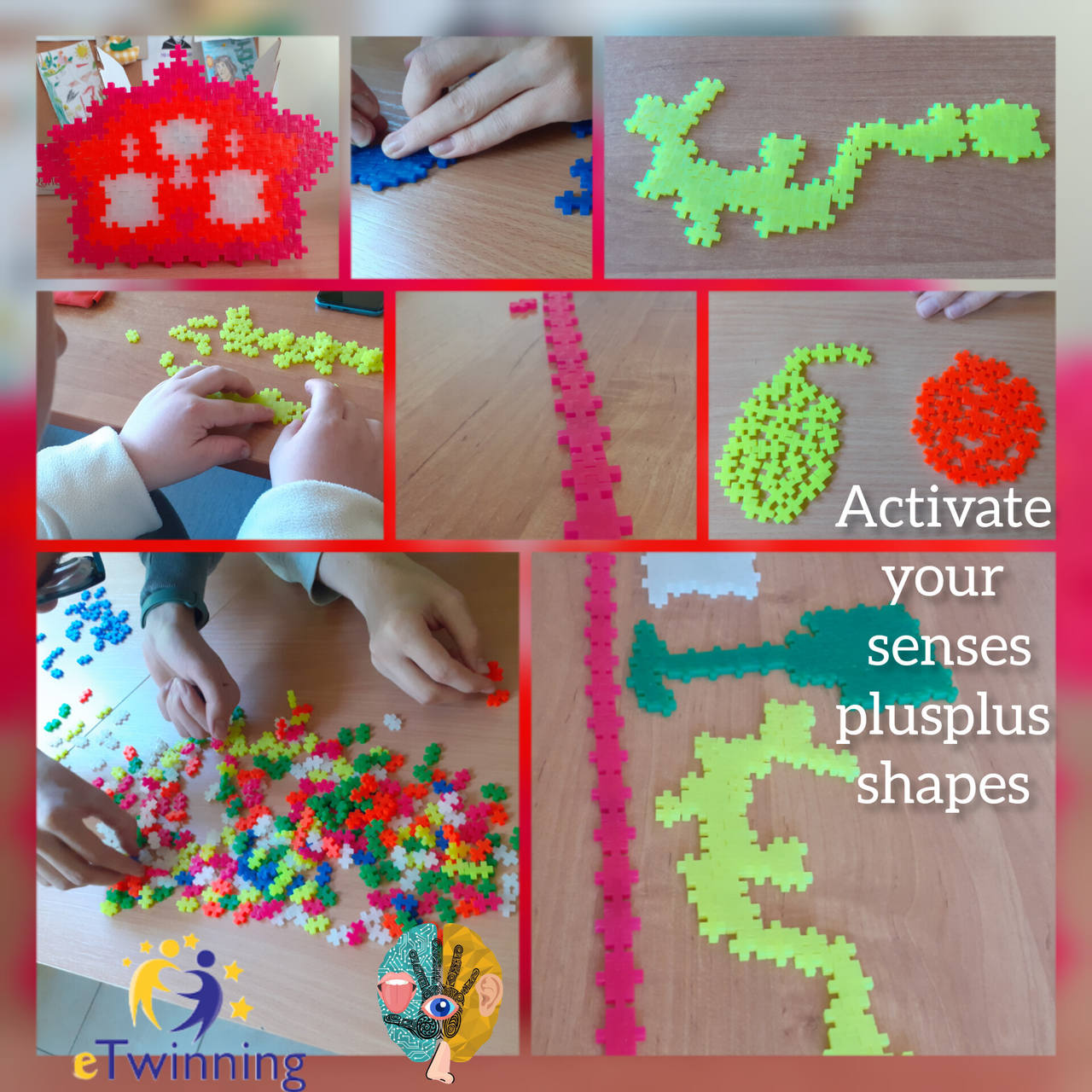 Uczniowie układają własne kształty z klocków wyglądających jak podwójny znak plus.