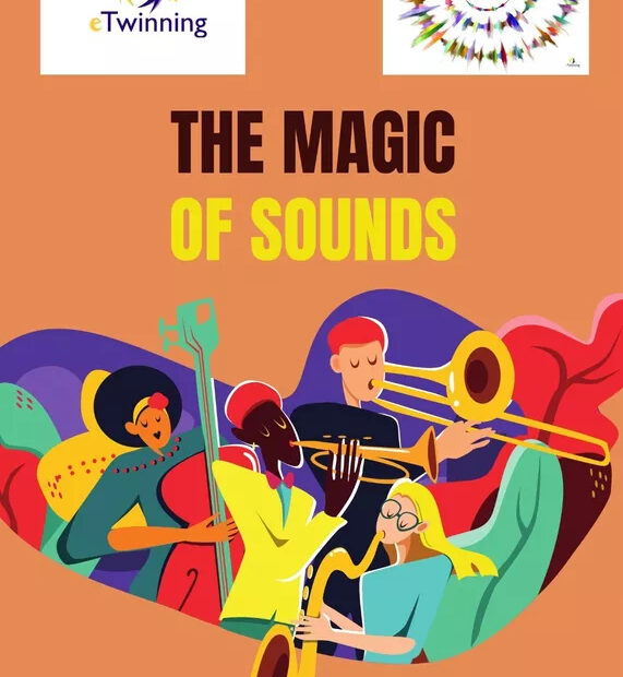 Plakat przedstawiający 4 ludzi grających na instrumentach, logo eTwinning (żółty i granatowy ludzik) oraz logo w kształcie spirali z napisem the magic of sounds.