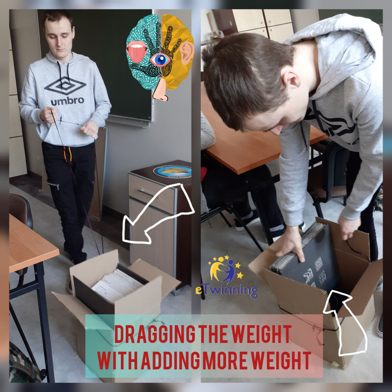 Kolaż ukazujący ćwiczenia w przeciąganiu ciężarów w pudełku ( na wyznaczonych przystankach uczeń dokłada kolejne segregatory do pudełka).