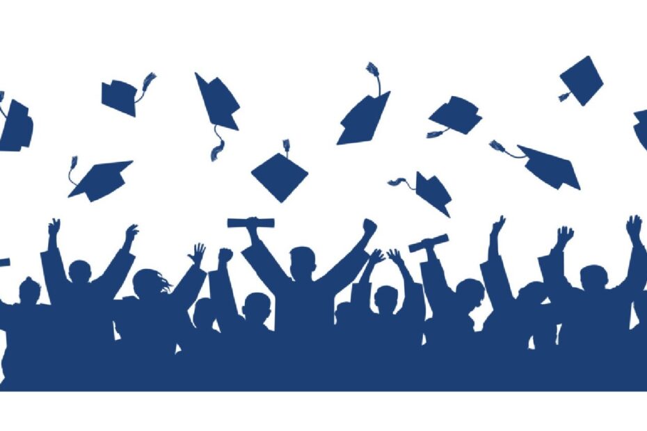 Grafika z absolwentami rzucającymi do góry czapki