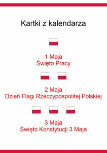 Plakat z tekstem: Kartki z kalendarza, 1 Maja - Święto Pracy, 2 Maja - Dzień Flagi Rzeczpospolitej Polskiej, 3 Maja - Święto Konstytucji 3 Maja i flagami Polski.