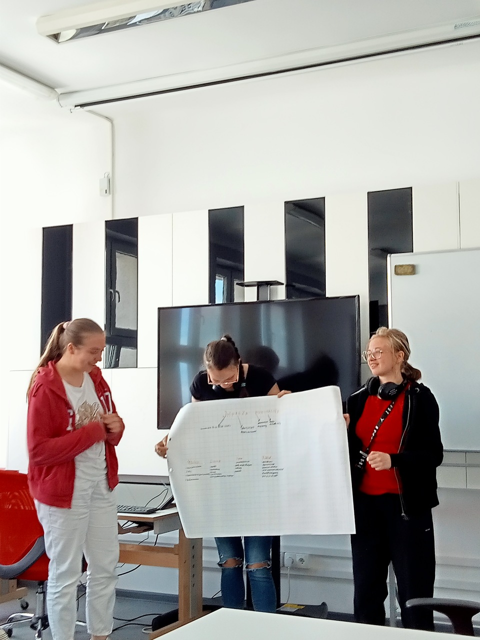 Trzy dziewczyny stojąc przed klasą prezentują swoją pracę na dużym arkuszu papieru.