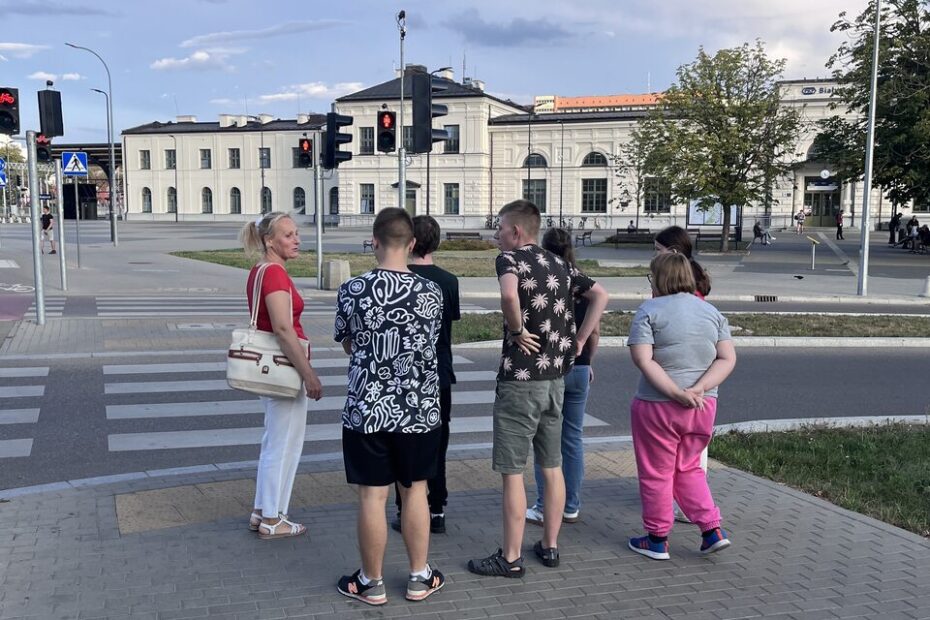 Wychowankowie wraz z panią Basią stoją przy przejściu dla pieszych z sygnalizacją świetlną, jest czerwone światło, co oznacza, że nie można w tej chwili przejść po pasach.