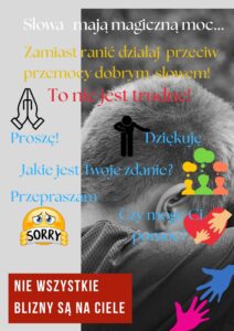 Plakat z grafiką i hasłami przeciw przemocy rówieśniczej
