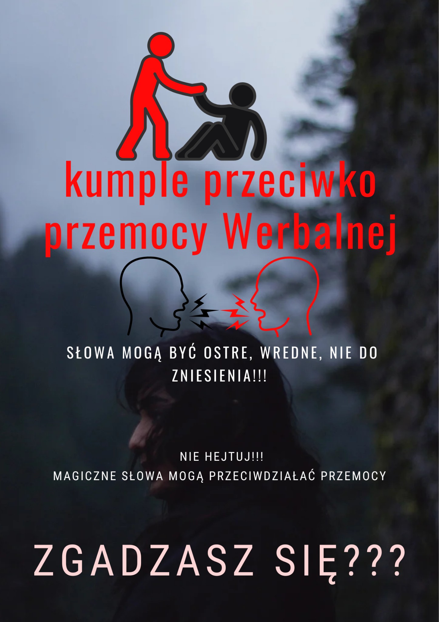 Plakat z grafiką i hasłami przeciw przemocy rówieśniczej
