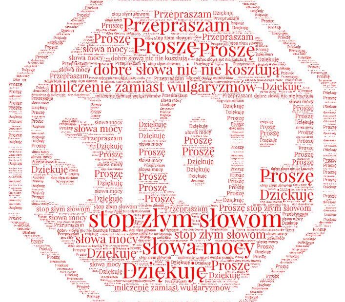 Grafika w kształcie znaku STOP składająca się z kilkudziesięciu słów. Między innymi: Proszę, dziękuję, przepraszam, stop złym słowom.