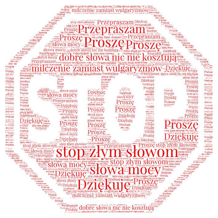 Grafika w kształcie znaku STOP składająca się z kilkudziesięciu słów. Między innymi: Proszę, dziękuję, przepraszam, stop złym słowom.