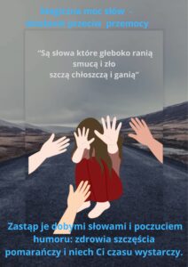 Plakat z grafiką i hasłami przeciw przemocy rówieśniczej