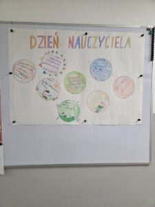 Gotowy kolorowy plakat został zawieszony na tablicy na korytarzu internatu,  by wszyscy wychowawcy mogli przeczytać złożone im życzenia przez wychowanków.