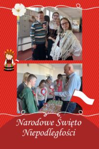     1. Troje uczniów w strojach ludowych na tle tablicy z zadaniami patriotycznymi.
    2. Uczniowie klasy IB/P biorących udział w aktywności patriotycznej.