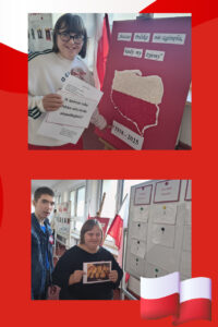     22. Uczennica pozująca na tle plakatu o tematyce patriotycznej.
    23. Dwoje uczniów pozujących na tle tablicy z pytaniami o tematyce patriotycznej.