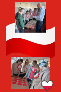     30. Grupa uczniów rozwiązująca zadanie o tematyce patriotycznej stojących przy stanowisku z nauczycielem.
    31. Wychowawczyni z wychowankami na tle aktywności patriotycznej.