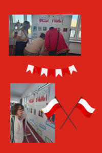     32. Nauczycielka z uczniami rozwiązującymi zadanie o tematyce patriotycznej.
    33. Uczennica rozwiązująca zadanie o tematyce patriotycznej na tle tablicy.