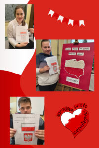     34. Uczennica pozująca z kartą pracy z symbolami narodowymi.
    35. Uczennica z uzupełnioną kartą pracy na tle plakatu o tematyce patriotycznej.
    36. Uczeń pozujący  z kartą pracy z symbolami narodowymi.