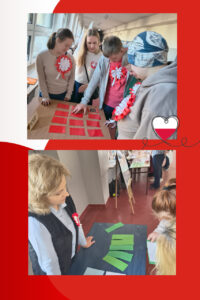     3. Klasa z wychowawcą rozwiązująca zadanie o tematyce patriotycznej.
    4. Nauczyciel z uczniem rozwiązującym zadanie o tematyce patriotycznej.