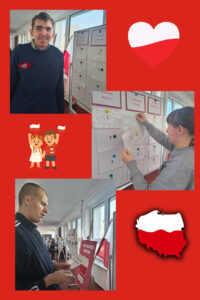     7. Uczeń na tle tablicy z zadaniem o tematyce patriotycznej.
    8. Uczennica rozwiązująca zadanie o tematyce patriotycznej.
    9. Uczeń udzielający odpowiedzi na pytanie o tematyce patriotycznej.