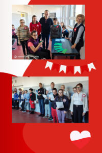     10. Wychowawca z klasą przy stoisku z zadaniem o tematyce patriotycznej.
    11. Społeczność szkolna z Panią Dyrektor podczas śpiewania hymnu.