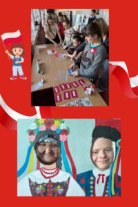     20. Wychowawca z klasą przy stoisku z zadaniem o tematyce patriotycznej.
    21. Dwoje uczniów pozujących w fotościance w strojach ludowych.