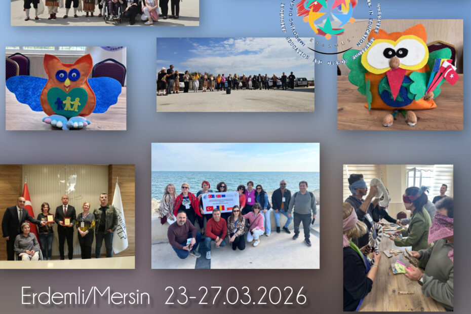 Opis alternatywny: Fotokolaż ukazujący grupy ludzi, wspólnie trzymających baner projektowy w różnych miejscach: przed budynkami, na tle morza, na plaży oraz zespoły podczas zajęć warsztatowych i wykonane sowy.