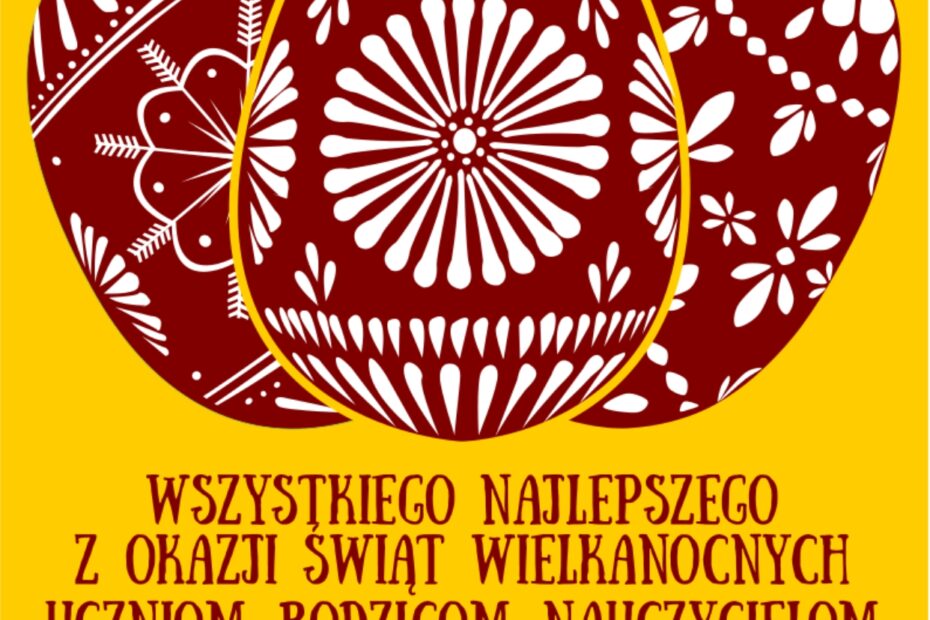 Pocztówka wielkanocna z życzeniami od Dyrektor szkoły. Grafika z 3 pisankami