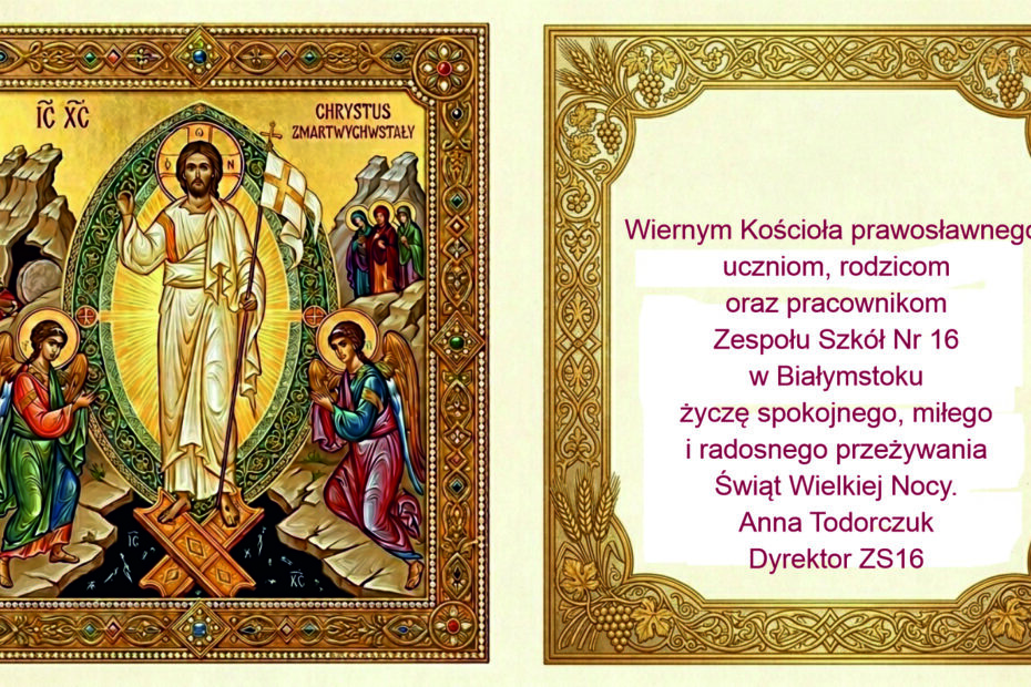 Pocztówka wielkanocna z życzeniami od Dyrektor szkoły. Grafika z ikoną prawosławną